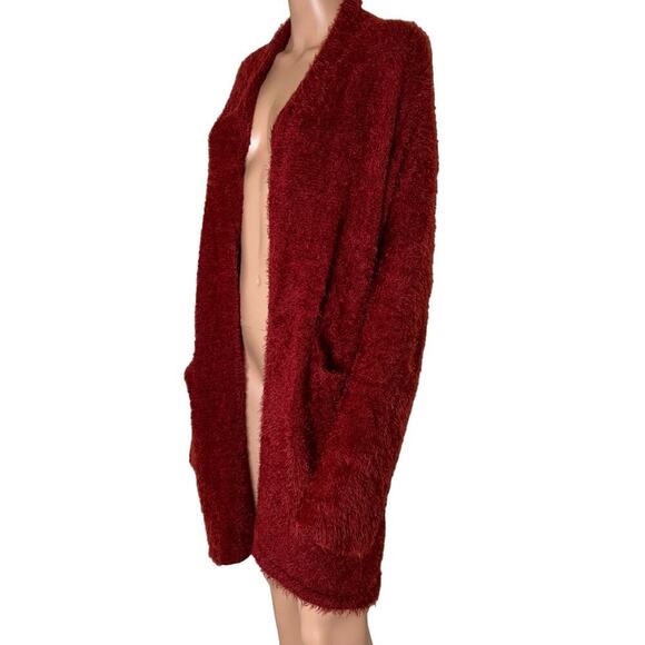 LUSH cardigan sweater burgundy eyelash front pockets long open front SZ LG - Picture 3 of 9